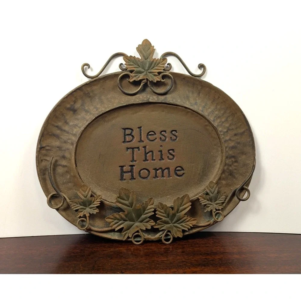 Bless This Home Metal Wall Plaque Grapevine Leaf Rustic Tuscan Farmhouse Decor